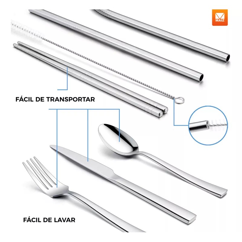Maíz Kit Cubiertos Palillos Popotes Cepillo Acero Inox Portatil