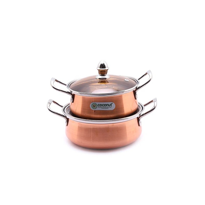 Coconut Royale Copper with Glass Lid Handi/Cookware Set (Stainless Steel,