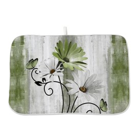 Floral Dish Drying Mat 18x24 Inches For Kitchen Counter Sage Green Daisy Flower Kitchen Decoration Drying Mat Modern Decorative Drying Pad For Home Kitchen Decor,Dining Room,Office Decor