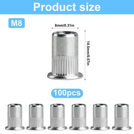 Set of 100 Rivet Nuts Assortment, Rivet Nuts M8, Blind Rivet Nuts Set, Rivet Nuts for Rivet Nut Pliers, Flat Head Retractable Nuts, Threaded Sleeves, Threaded Rivets, Sleeve Nut for Metal Plates Pipes