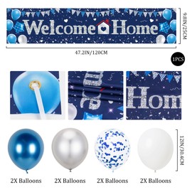 Welcome Home Banner Decorations Backdrop - Blue Silver Welcome Home Balloons Large Yard Banners, Military Relatives Returning Housewarming Background Decor for Homecoming Family Party Indoor Outdoor