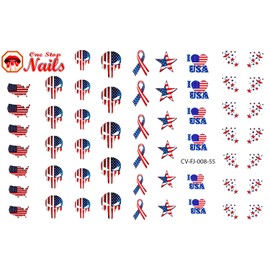 4th of July (Ver.8) I Love USA, Stars, Skull, Ribbons, American Flag Clear Vinyl Cut, Peel and Stick Nail Art Decals/Stickers by DimOxy Designs.