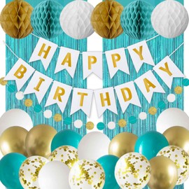 Happy Birthday Party Decorations, Banner Balloons Tassel Garland Decor Supplies for Women Girls Teens(Teal Blue and Gold)