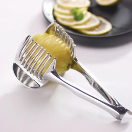 Kitchen Gadget Handy Onion Holder Potato Tomato Slicer Vegetable Fruit Cutter Safe Cooking Tools Accessories (Silvery, One Size)