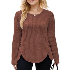 VISLILY Womens Plus Size Tops Long Sleeve Fashion Button Shirts Dressy Tulip Hem Sweater Winter Fall Pullover Tunics 2XL Caramel