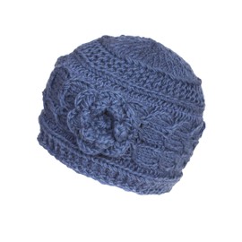 Pachamama Women Wool Beanie Hat Handknitted Cable Knit with Flower One Size Handmade Extra Warm Fair Trade (Wool, Jeans)