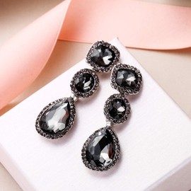 EVER FAITH Fashion Prom Stunning Square Oval Shape Crystal Teardrop Dangle Earrings Grey Silver-Tone