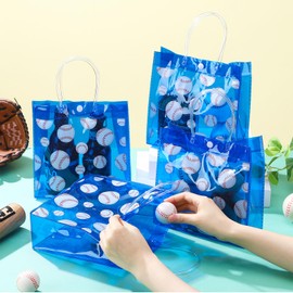 Sweetude 24 Pieces Baseball Gift Goodie Bags with Handles 8x8x3.15 Inch PVC Blue Baseball Theme Party Favor Clear Treat Bags Bulk for Sports Party Competition Team Birthday Gifts