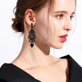 EVER FAITH Rhinestone Crystal Wedding Art Deco Floral Chandelier Dangle Earrings for Women Black Black-Tone