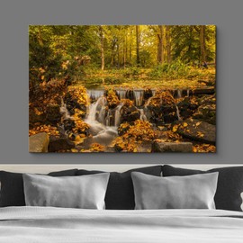 SIGNFORD Canvas Print Wall Art Autumn Fall Scenic Forest Tree Waterfall Nature Wilderness Photography Realism Decorative Landscape Relax/Calm for Living Room, Bedroom, Office - 16"x24"