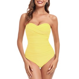 RELLECIGA Women's Lemon Yellow Tummy Control Swimwear Strapless One Piece Swimsuit for Women Size Medium