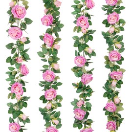 TELDRASSIL 4Pcs(26 FT) Artificial Rose Vine Fake Flower Garland Fake Silk Rose Hanging Vine for Wedding Party Background Arch Garden Background Decoration (Purplish Red)
