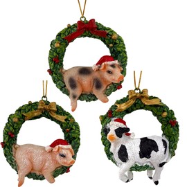 Farm Animal Ornaments – Cow and Pig Christmas Tree Holiday Decoration, Set of 3