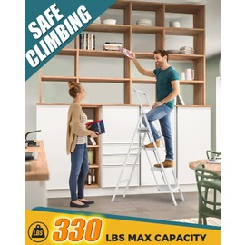 GORWARE 4 Step Ladder, Foldable Step Stools 330lbs Lightweight Sturdy Steel Ladder, Portable Folding Stepladder for Home Kitchen Office Garden, White