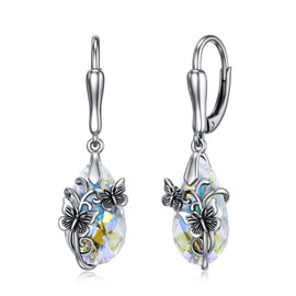 HARMONY BOLA Butterfly Earrings with Aurora Borealis Crystal Sterling Silver Hypoallergenic Teardrop Crystal Butterflies Dangle Earrings Jewellry Mothers Day Birthday Gifts for Women
