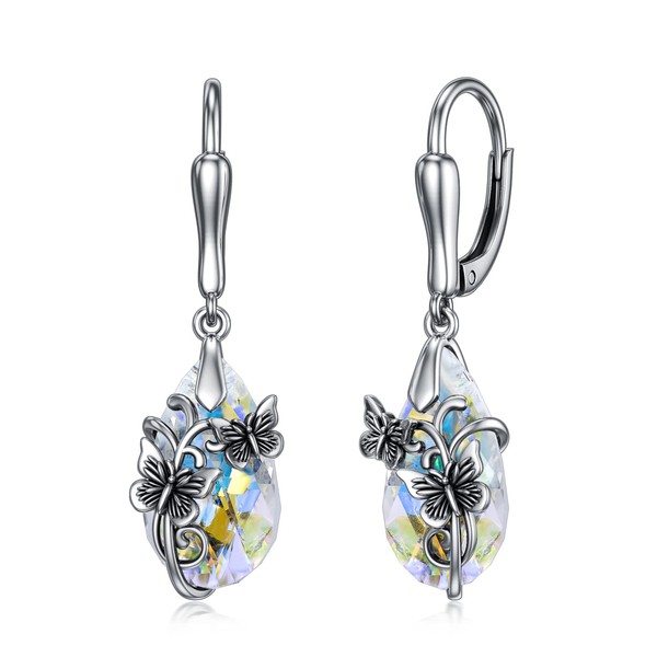 HARMONY BOLA Butterfly Earrings with Aurora Borealis Crystal Sterling Silver