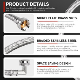 Upgraded 6Ft Steam Dryer Hose Kit by Puxyblue Includes 6Ft Braided Stainless Steel hose with 90 Degree Elbow, 1Ft Inlet Adapter Hose, Y-connector - Burst Proof Line Fit for All Steam Dryers