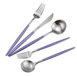 Gugrida Luxury Flatware, Royal 20 Piece Matte Purple Handle 18/10 Stainless Steel Tableware Sets for 4 Including Forks Spoons Knives, Camping Silverware Travel Utensils Set Cutlery (Purple Silver)