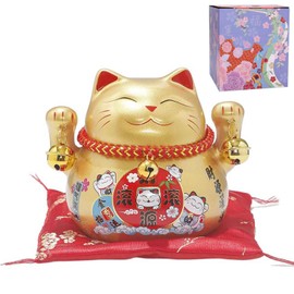 MYDILI Good Luck Maneki Cat Piggy Bank, Feng Shui Celebration Opening Celebration, Prosperity of Business, New Opening Figurine, Interior Figurine, Increases Money Luck, Zabuton Included (Invitation Gold )