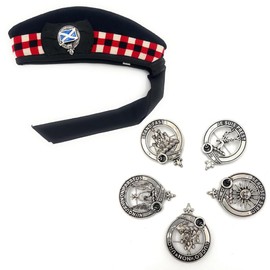 BRAW CLANS TARTANS 100% Wool Classic Scottish Glengarry Hats and Cap Badge Set for Men, Women and Children | Diced - Red - White - Black | Red Pom Pom | Scotland Piper Hat
