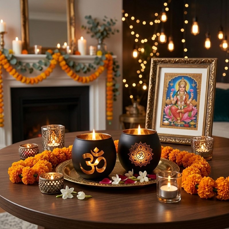 Glass Om Candle Holder Set - 2 Pcs Black Diwali