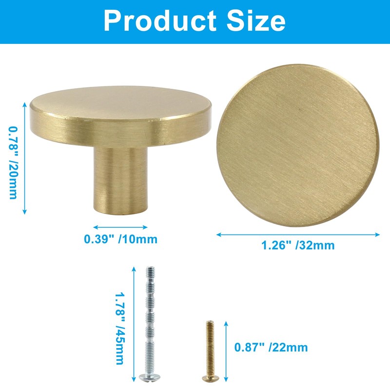 Jiozermi 2Pcs Solid Brass Round Cabinet Knobs, 1-5/16-Inch Dresser Drawer