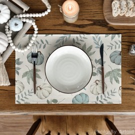 Artoid Mode Blue Maple Leaf Pumpkin Fall Placemats Set of 6, 12x18 Inch Seasonal Autumn Table Mats for Party Kitchen Dining Decoration