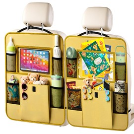 Zecirl Car Backseat Organizer with Tablet Holder, 6 Storage Pockets Seat Back Protectors Kick Mats for Kids, Car Seat Protector for Road Trips 2 Pack (Beige)