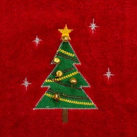 Serafina Home Holiday Christmas Bath Fingertip Towels, Embroidered Christmas Tree with Jingle Bells and Double Stitched Hem on Red, 2 Piece Set, 12 x 18 inches, 100% Cotton