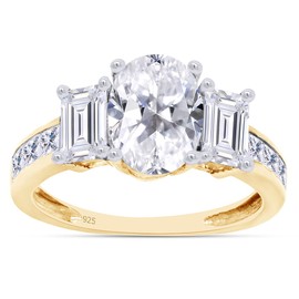 SAVEARTH DIAMONDS Three Stone Ring, Center 8X6MM Oval Cut With Baguette And Princess Cut Sparkling Cubic Zirconia Engagement Ring In 14k Yellow Gold Over Sterling Silver Jewelry For Women-7