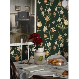 Dimoon 236"x16.1" Floral Wallpaper Peel and Stick Dark Green Contact Paper Golden Thicken Waterproof Leaf Flower Vintage Self Adhesive Removable Wallpaper for Bedroom Shelf Liner Decal Vinyl Roll