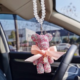 Cute Bling Bear Rear View Mirror Hanging Accessories Sparkle Hanging Ornaments Diamond Bear Charms for Car Mirror (Pink)