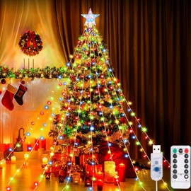 Aofonchy Christmas Tree Lights, 2M/ 6.6FT x 9 Strands USB Waterfall Tree Lights with Topper Star, 198LED Christmas Lights with Remote, 8 Modes Fairy Lights for Xmas Garden Tree Decor
