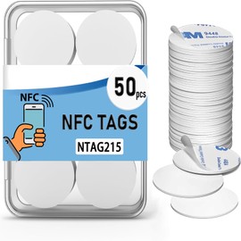 NFC Tags NTAG215 50PCS, Programmable Blank NFC Stickers with 504 Bytes, High Compatibility for Amiibo, TagMo, iOS, Android Devices, Rewritable NFC Chips for Business, Patrol, Gaming, Smart Home (25mm)