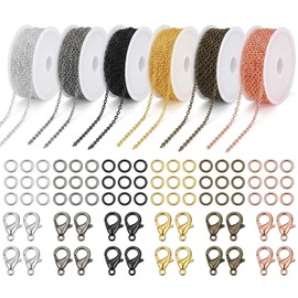 Chains for Jewellery Making 60 ft 6 Colours 2mm Jewellery Chain for Necklace 10ft Per Roll with Open Jump Rings and Lobster Clasps for DIY Pendant Bracelet Anklet Craft