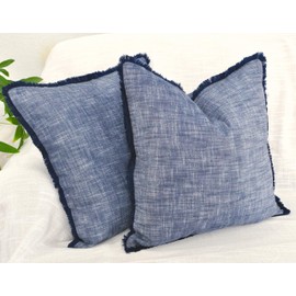 Organic Cotton Fringe Pillow Covers Boho Farmhouse Cushion Cover with Decorative Tassels Linen Like Textured Accent Pillowcases for Bed Couch Chair Sofa Living Room 20×20 Inch Blue Pack of 2