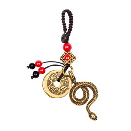 Mansiyuyee Brass Chinese Zodiac Snake Statue Keychain with 5 Feng Shui Coins, Zodiac Animal Charm Lucky Snake Key Ring