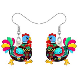 HUAGEO Christmas Acrylic Cute Colorful Hen Dangle Earrings Cartoon Chicken Farm Animals Fun Jewelry For Women Charms Festival Gifts (Floral)