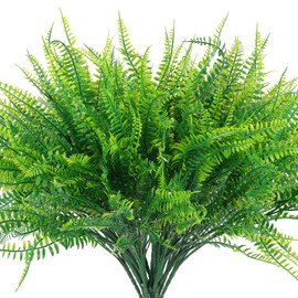 Hananona 12 Pcs Artificial Outdoor Plants Fake Boston Fern Stems, UV Resistant Faux Artificial Plants Shrubs Outdoors Plastic Plant Bulk for Hanging Planter Porch Window Home Decor (12, Green)
