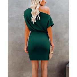 Ezbelle Women's Off The Shoulder Short Sleeve Ribbed HIPS-Wrapped Casual Sexy Bodycon Party Batwing Mini Dress Blackish Green X-Large