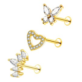 Besyvvin 3pcs Flat Back Helix Tragus Bars Lip Labret Studs Stainless Steel 6mm Cartilage Earring Piercing Flower Butterfly Jewellery Gold