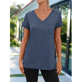 AUTOMET T Shirts for Women Short Sleeve Shirts V Neck Plus Size Summer Tops Casual Beach Vacation Outfits Clothes 2025 Navy XL