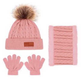 Enwokran 3-in-1 Children's Beanie Winter Hat Scarf Gloves Set, Thick Fleece Thermal Warm Knitted Hat Baby Hat Gloves Round Scarf Set for Children Boys Girls 2-6 Years, pink