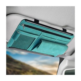 NYTKL Car Sun Visor Organizer, Soft Leather Auto Sunshade Glasses Storage Bag with Multi-Pocket Net Zipper, Scratch-Resistant Vehicle Visor Pocket Eyeglasses Case Note Holder (Blue)