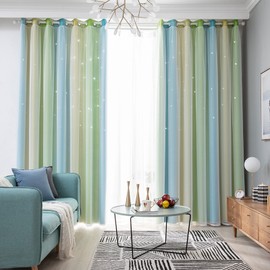 2pc Curtain Simple Gradient Hollow-out Star Pattern Double Layer Blackout Bedroom Living Room Insulation Curtain