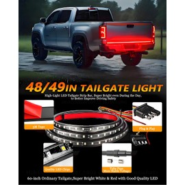 Qasim 48/49inch LED Truck Tailgate Light Strip 5 Function Red/White for Tail Running Brake Light Turn Signal Emergency Warning Reverse Light for Pickup SUV Trailer Cargo