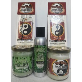 Smoke odor Exterminator Bamboo Breeze, Includes Two 13 oz Jar Candle One 7 oz Spray & Two Car Hangers All in One Bundle.