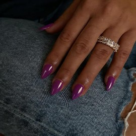 Uñas postizas cortas color almendra y morado baya, uñas acrílicas puntiagudas y brillantes, con pegamento, reutilizables, fáciles de aplicar, 30 unida