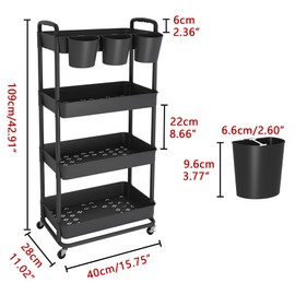 JIUYOTREE 4-Tier Rolling Storage Cart Utility Cart with Extra Hanging Cups Handles Lockable Wheels for Living Room Bathroom Kitchen Office Black