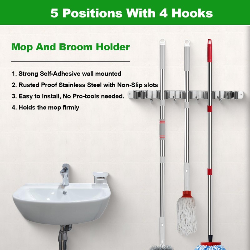 voze 5 Racks and 4 Hooks Mop and Broom Holder